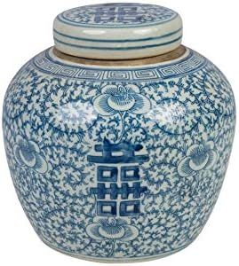 Blue and White Porcelain Double Happiness Flat Top Ginger Jar | Amazon (US)