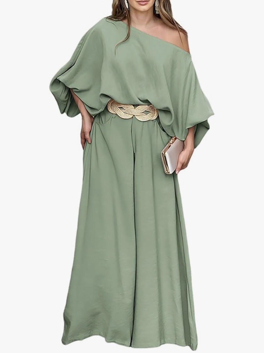 CHICME Women Summer 2 Piece Outfits Off Shoulder Lantern Sleeve Top Flowy Wide Leg Pants Set