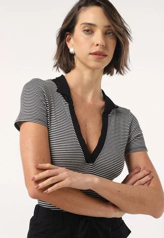 Body Canelado Forever 21 Polo Listrado Preta | Dafiti (BR)