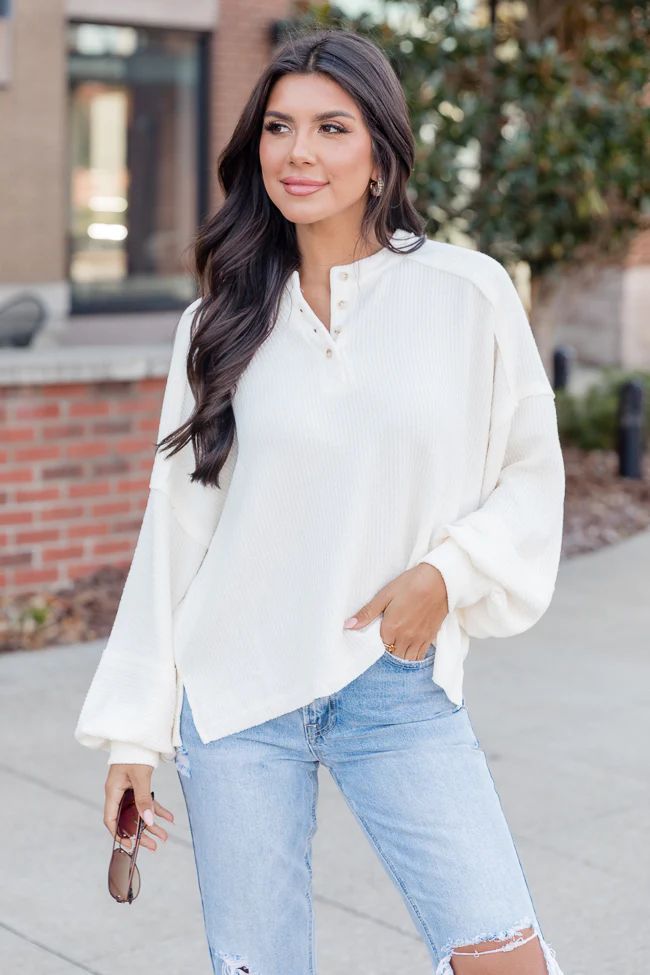 Made For This Cream Henley Textured Long Sleeve Top | Pink Lily