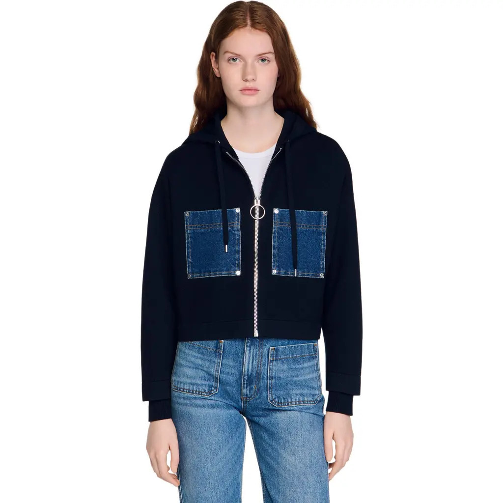 SANDRO Knit and denim sweatshirt in Navy Blue at Nordstrom, Size X-Large | Nordstrom