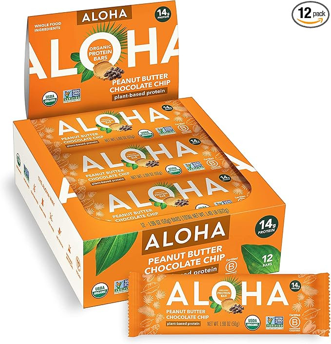 ALOHA Organic Plant Based Protein Bars |Peanut Butter Chocolate Chip | 12 Count, 1.98oz Bars | Ve... | Amazon (US)
