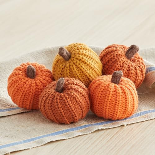 Knit pumpkins set of 5, mini pumpkin decor, orange pumpkin bowl fillers fall tiered tray decor set, autumn table decorations for Halloween (Mini Knit Orange) | Amazon (US)
