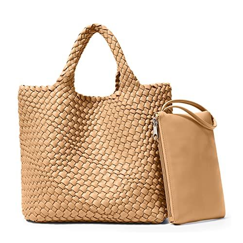 KALIDI Straw Tote Beach Bag Striped Shoulder Handbag Stitch Woven PU Leather Handle Zippe Travel ... | Amazon (US)