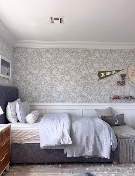 Boy’s bedroom with cozy bedding, peel-and-stick wallpaper and the BEST (affordable!) storage ottoman 

#LTKKids #LTKSaleAlert #LTKHome