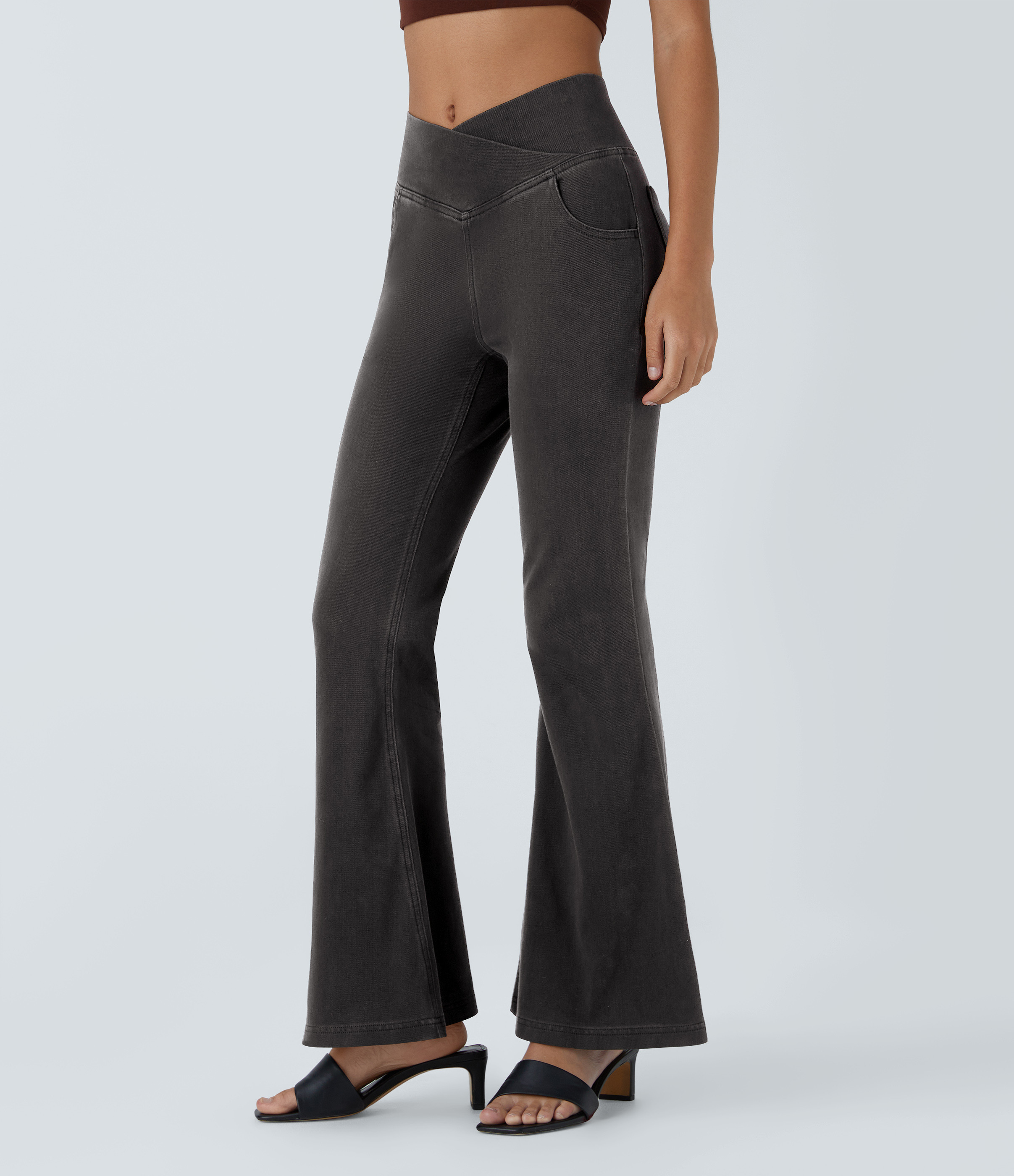 Halara Halara Flex™ High Waisted Crossover Pocket Washed Casual Jeans - Hemp Rope Black Denim - S(petite) | HALARA