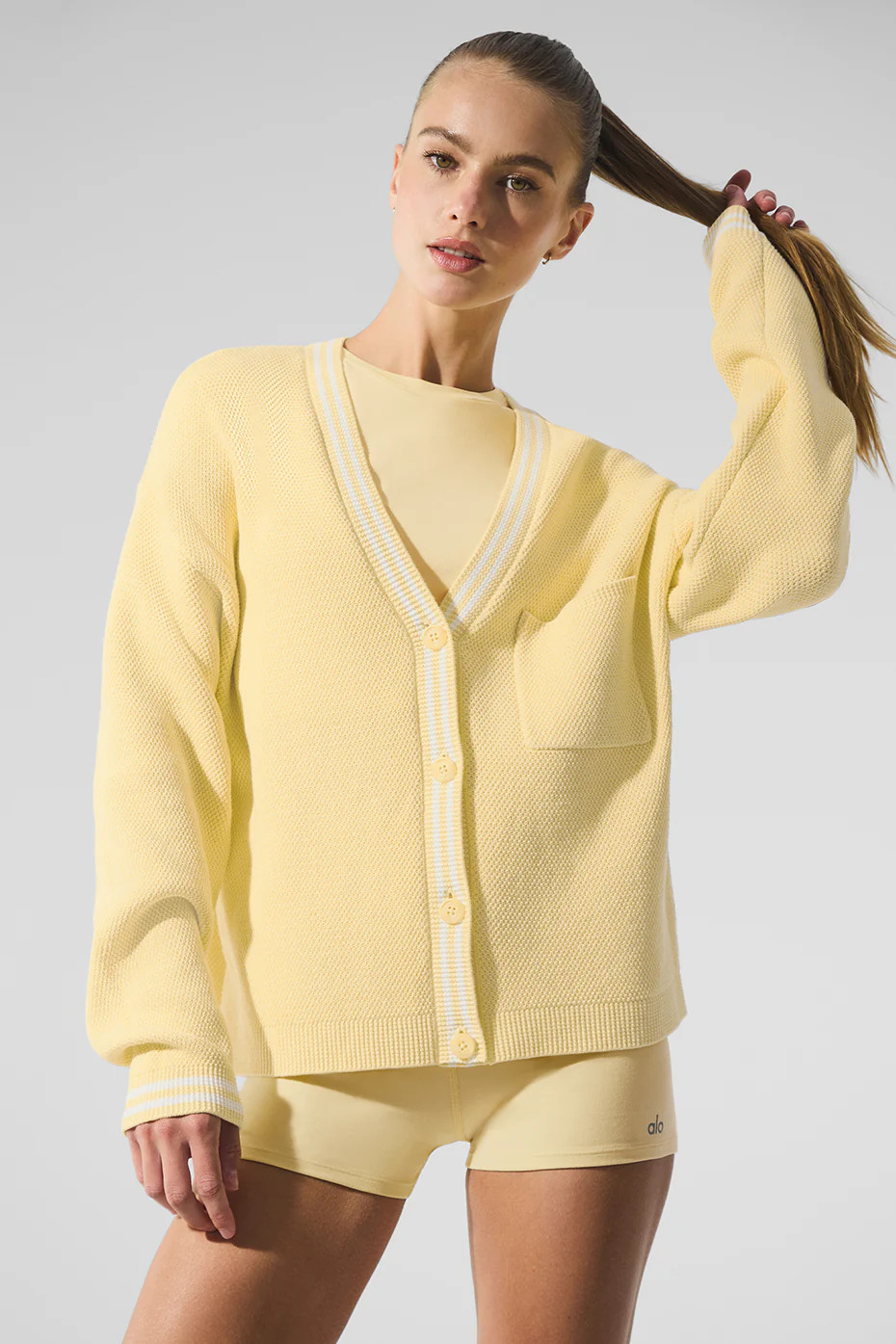 ALO | Tennis Club Sweater Knit Cardigan Top in Warm Butter/White Beige, Size: Medium | Alo Yoga (US)