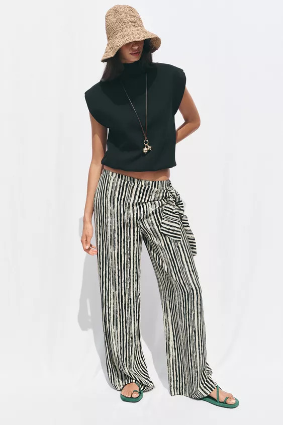 STRIPED WIDE LEG WRAP PANTS | Zara US
