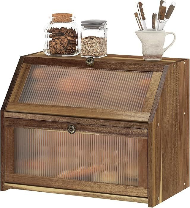 Bread Box for Kitchen Countertop, Acacia Wood Bread Storage Container, 2 Layer Large bread holder... | Amazon (US)