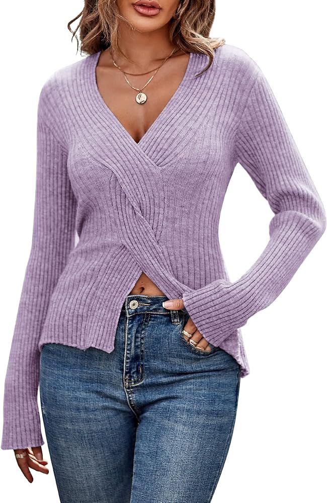 ZAFUL Women's Criss Cross V Neck Sweaters Front Slit Ribbed Knit Pullover Sweater Jumper Tops | Amazon (US)