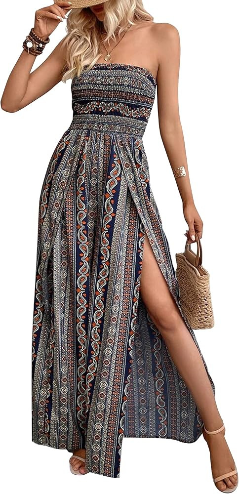 Lauweion Strapless Wide Leg Boho Printed Jumpsuits for Women One Piece 2025 Summer Colorful Split... | Amazon (US)