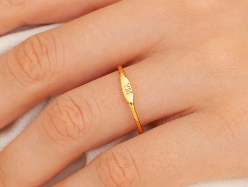 14k Gold Tiny Signet Ring, Letter Ring, Dainty Ring, Personalized Letter Ring, Gift for Her, Sign... | Etsy (US)