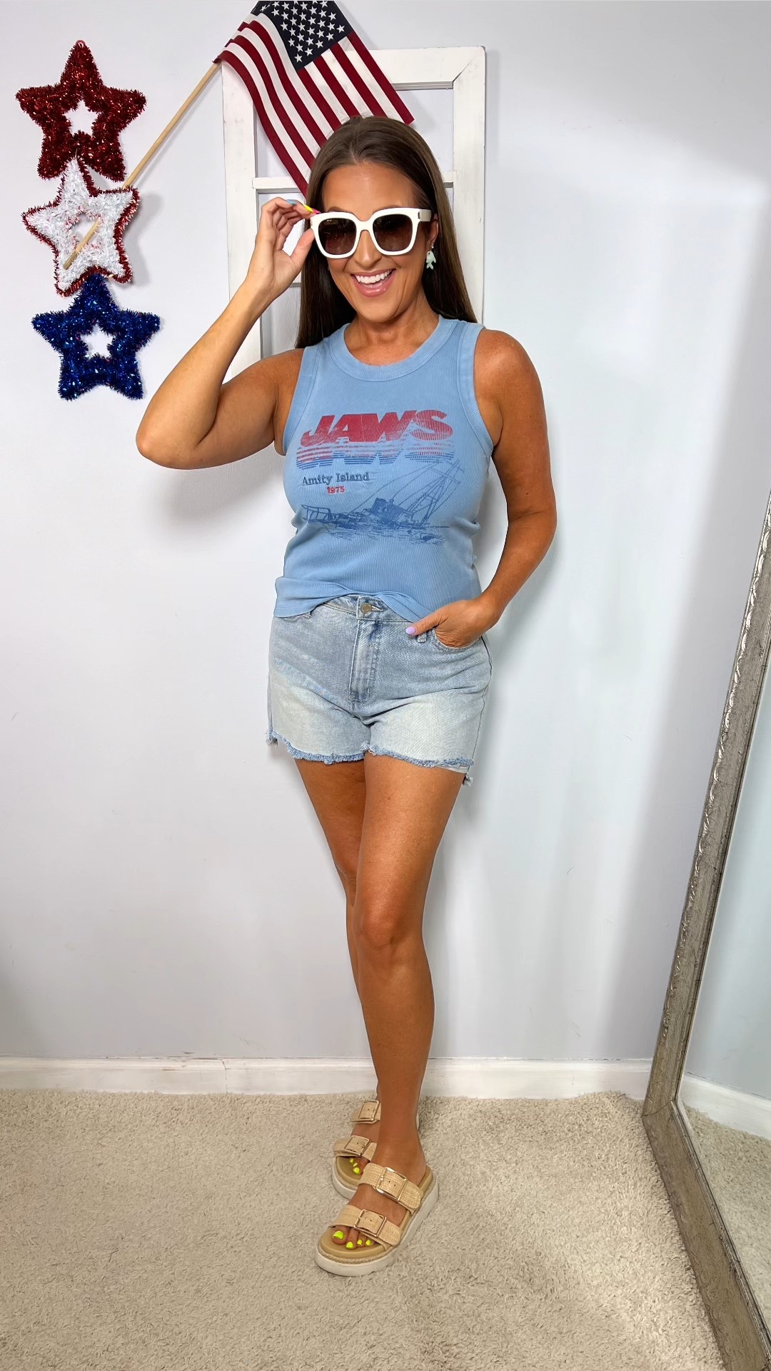 Cute outfit for shark week 🦈 

Tank: S
Shorts: 4 (I prefer these in the 6 - I have both sizes)

Denim shorts, Jaws tank top, summer outfit, summer fashion, shark earrings 

#LTKFindsUnder50 #LTKStyleTip #LTKSeasonal