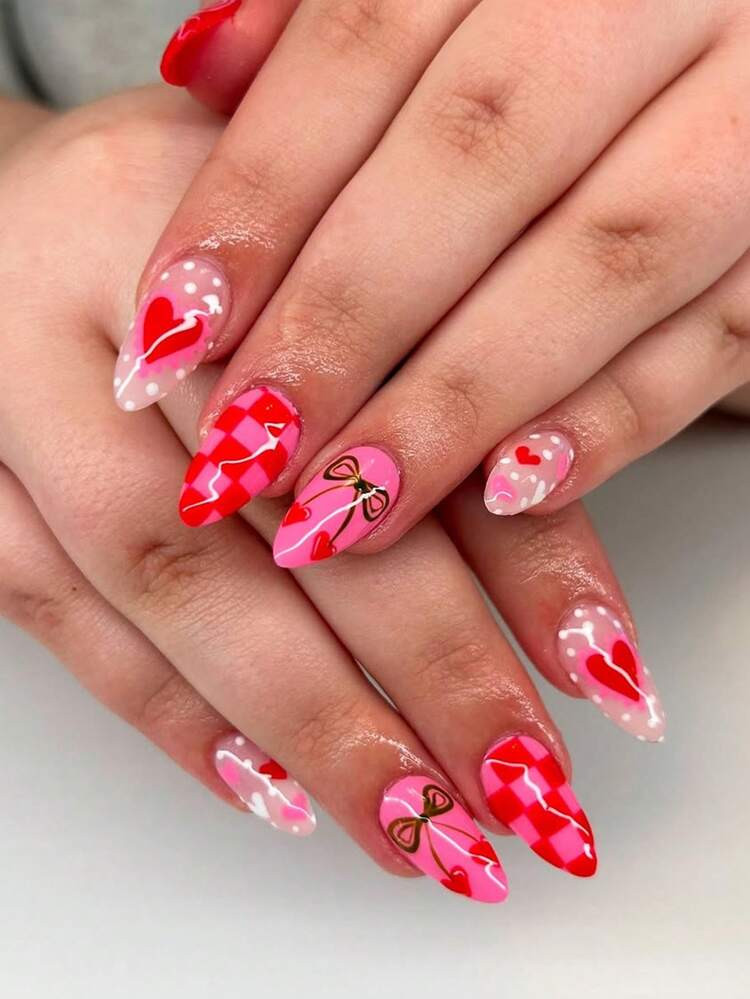 24pcs Medium Glossy Almond-Shaped Nail Stickers, Fashionable & Romantic Valentine's Day Nail Desi... | SHEIN