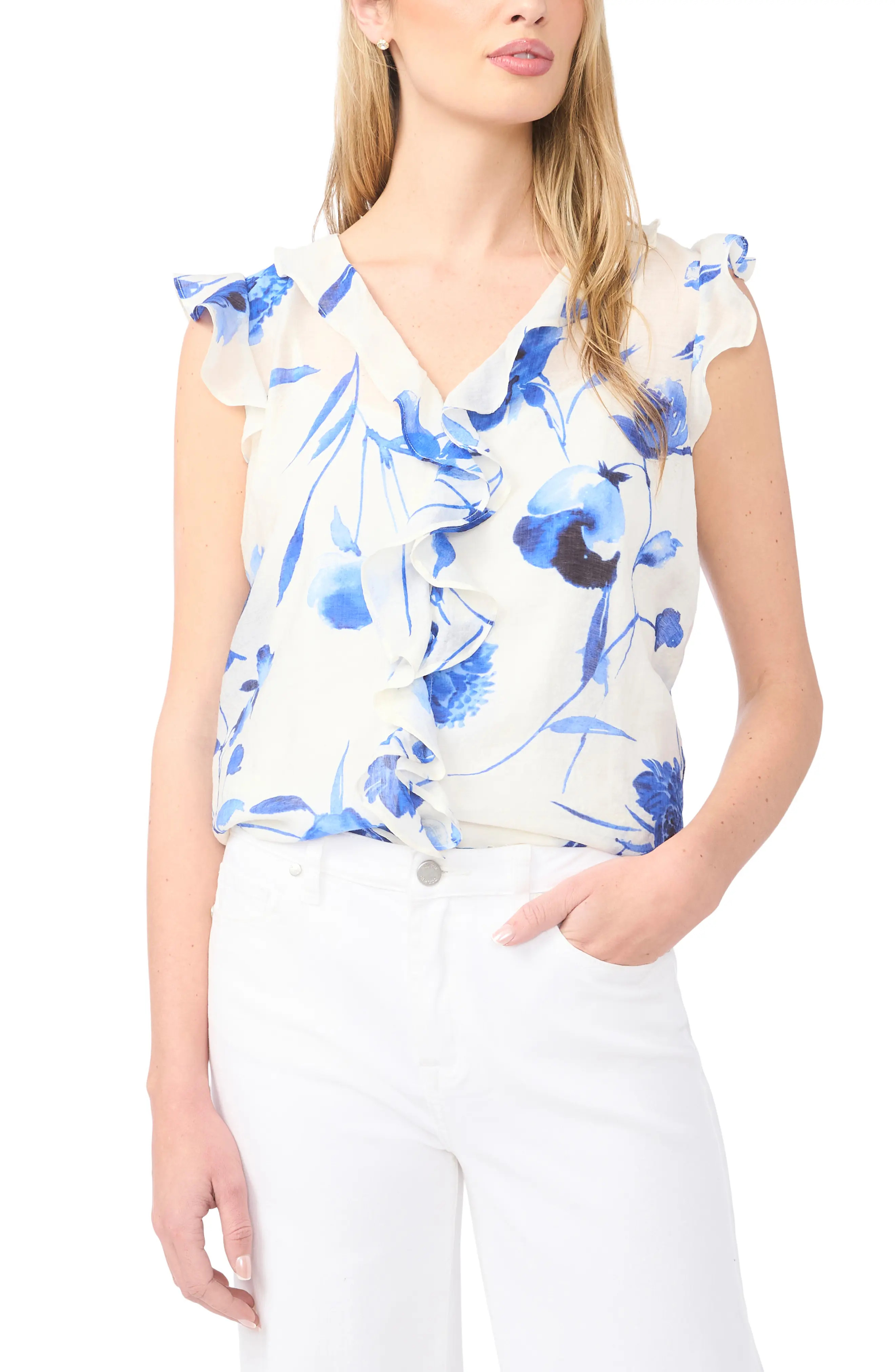 Halogen\u00ae Floral Ruffle Trim Flutter Sleeve Top (Women) | Nordstrom | Nordstrom