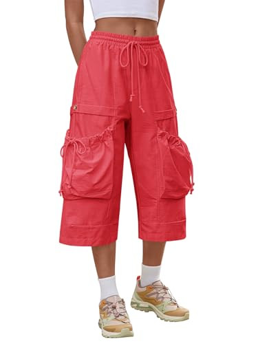 Aoysky Womens Wide Leg Cargo Capris Drawstring Elastic Waist Baggy Cropped Pants with Utility Pockets Casual Trousers Red | Amazon (US)
