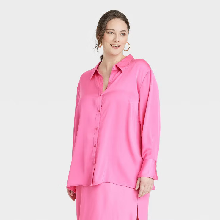 Women's Long Sleeve Oversized Satin Button-Down Shirt - A New Day™ | Target