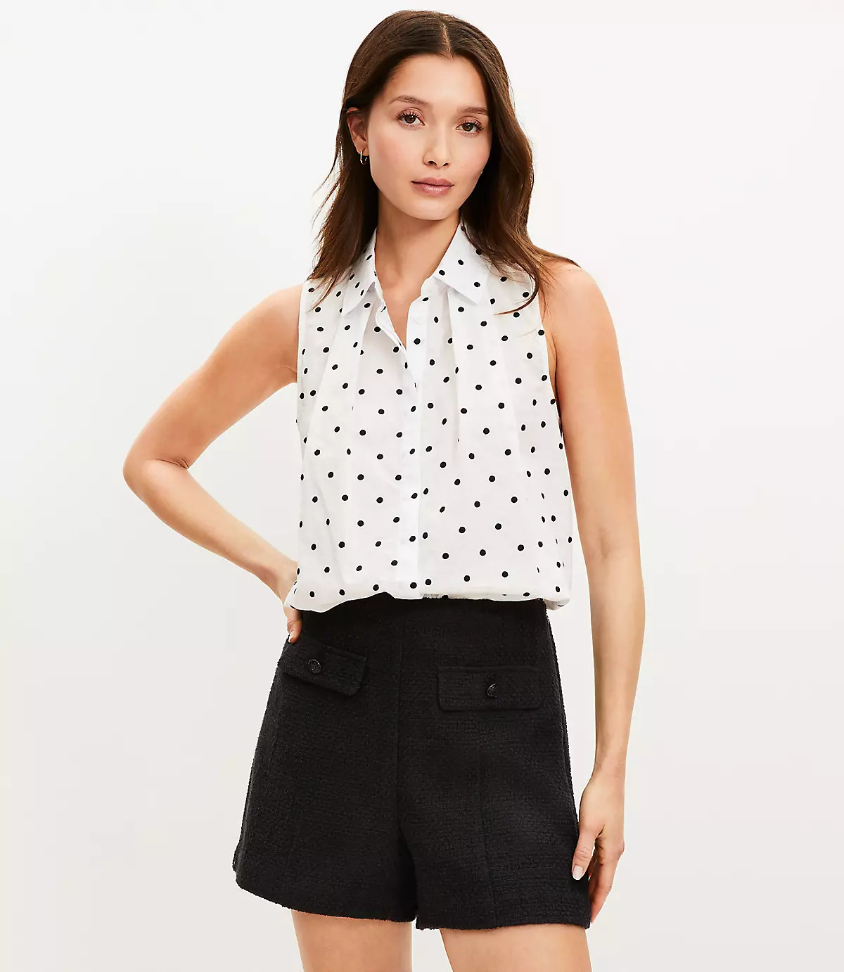 Dotted Pleated Sleeveless Shirt | LOFT