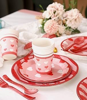 Valentines Day Plates and Napkins Sets - Serves 16 - Includes Paper Cups Cutlery for Valentine De... | Amazon (US)