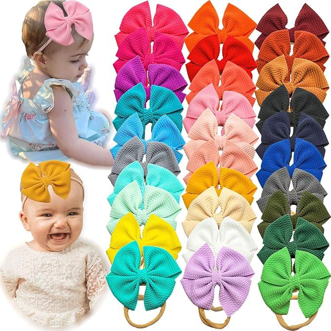30 Colors Baby Hair Accessories 4 in Bows for Girls Newborn Baby Girl Hair Bows Super Soft Nylon ... | Amazon (US)