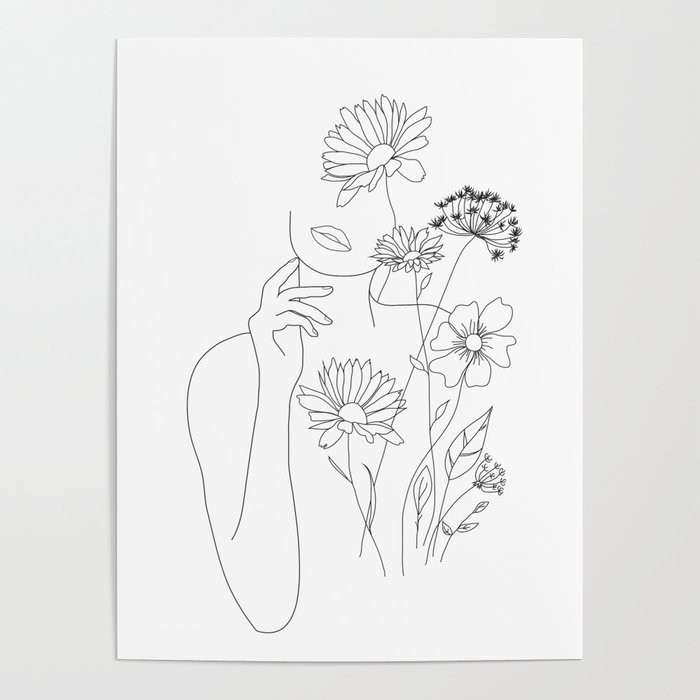 Minimal Line Art Woman with Flowers III Poster | Society6