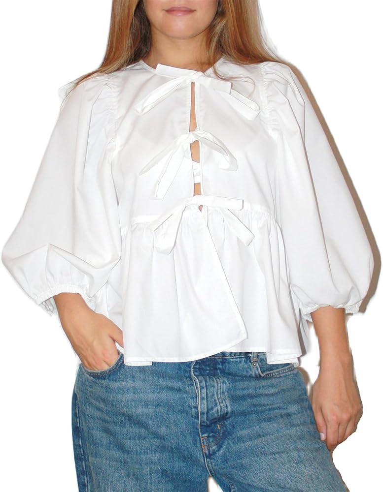 Women Y2K Puff Short Sleeve Peplum Shirt Lace Up Bow Ruffle Hem Tie Front Babydoll Blouse Summer ... | Amazon (US)