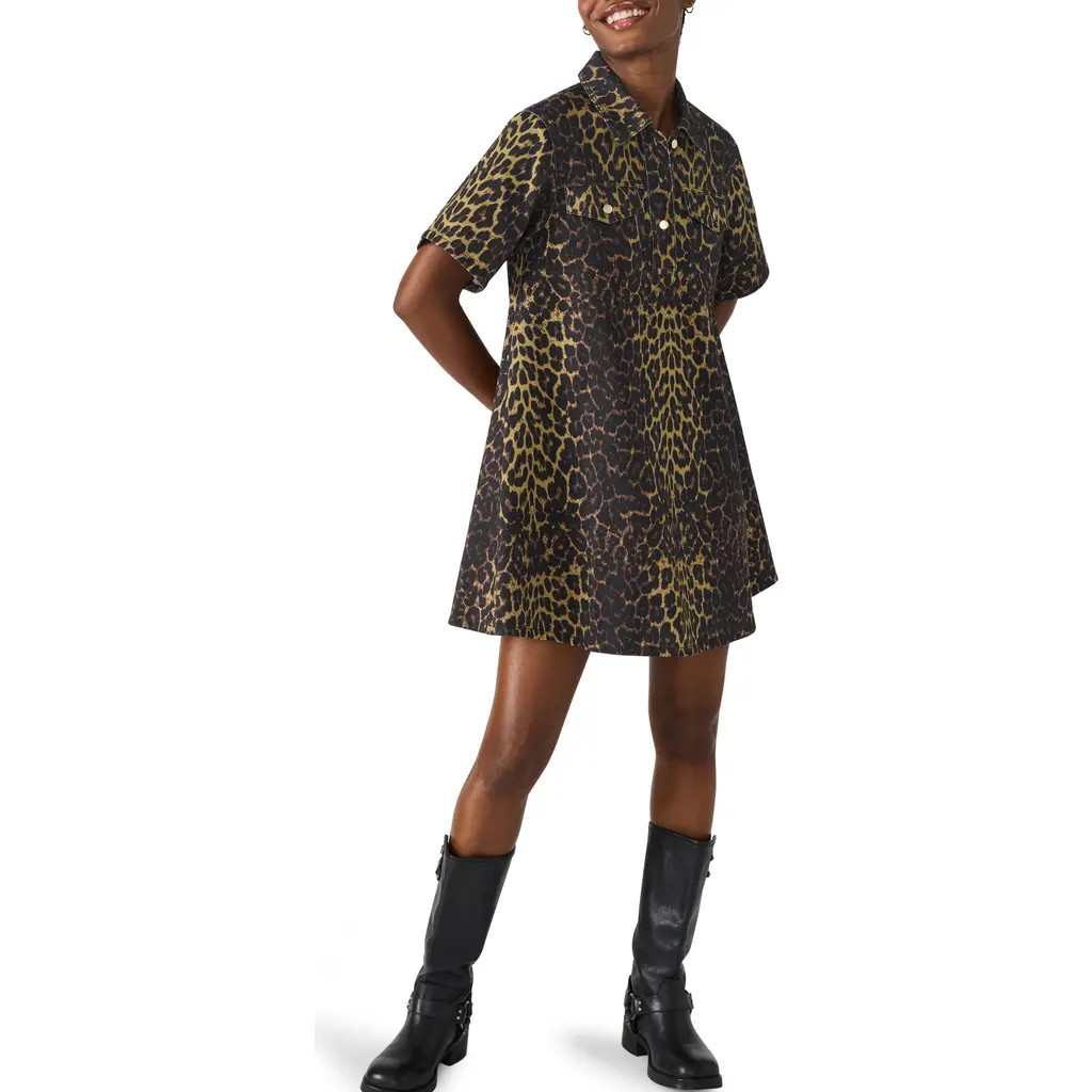 Steve Madden Freddy Leopard Print Denim Shirtdress in Hot Spots Print at Nordstrom, Size Xx-Large | Nordstrom