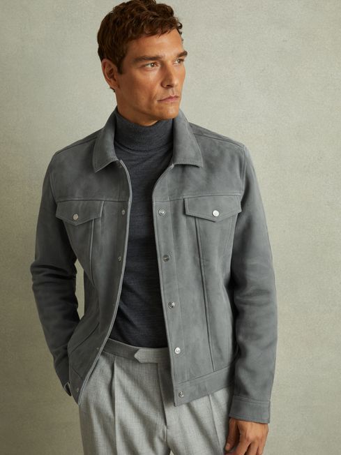 Suede Trucker Jacket in Sky Blue | Reiss US