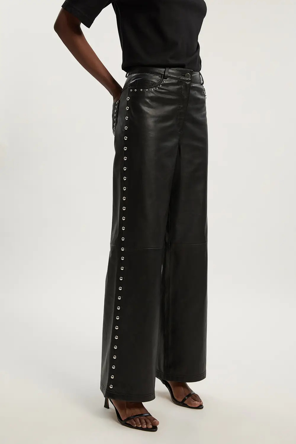 Studded Leather Wide Leg Trouser | Karen Millen US