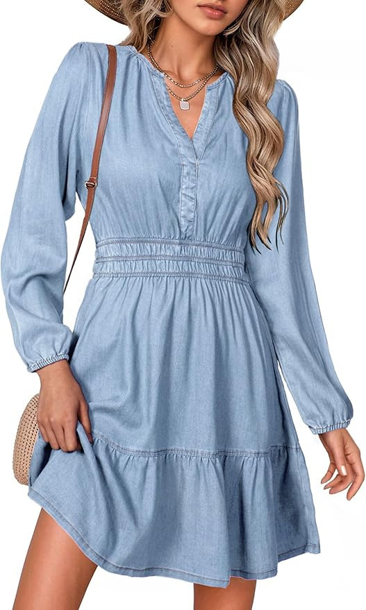 Simplee Womens Fall Denim Dress Casual Long Sleeve V Neck Empire Waist Ruffle A Line Flowy Short ... | Amazon (US)