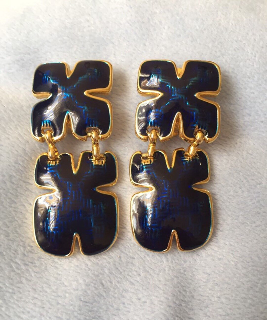Vintage Designer Dark Blue Enamel Large Geometric Dangle Clip Earrings 2" | Etsy (US)