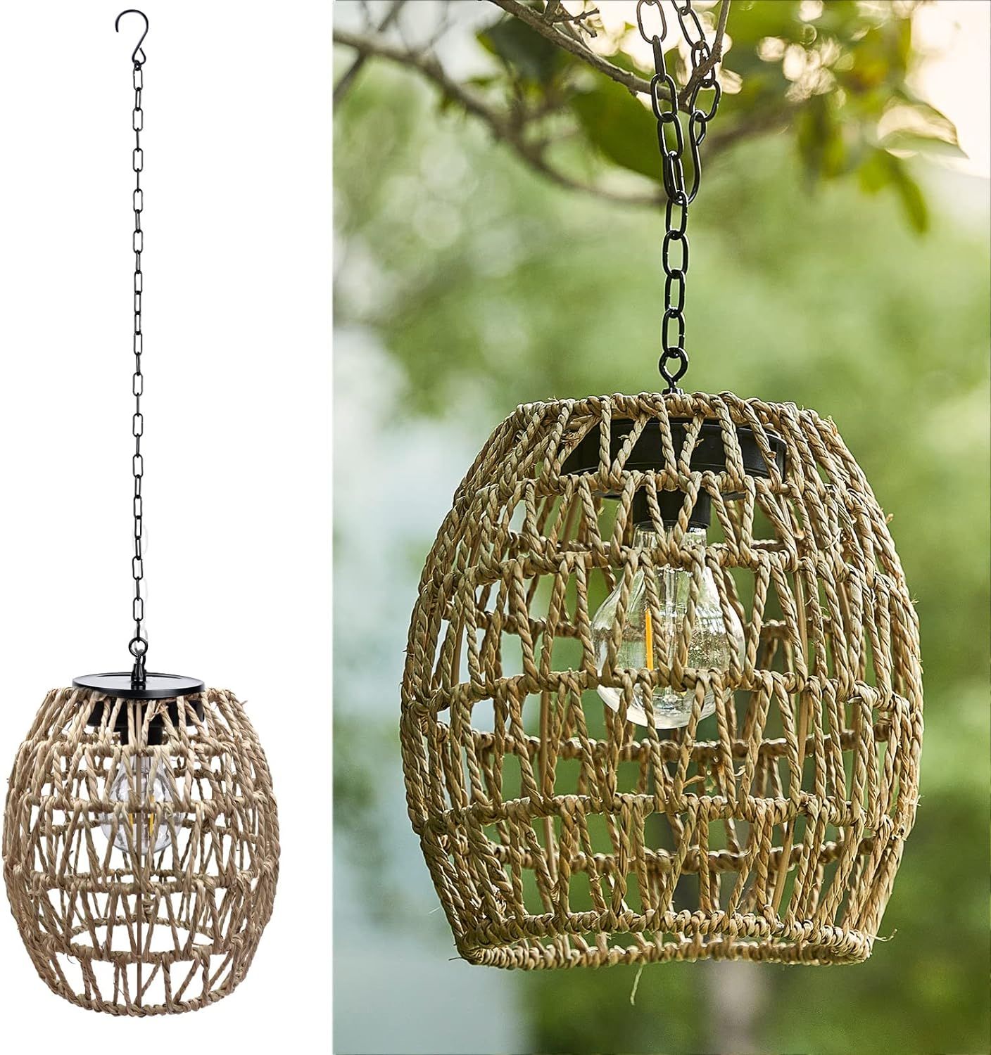 Outdoor Solar Hanging Lantern, Natural Seeweed Rattan Bamboo Woven Porch Patio Gazebo Pendent Cha... | Amazon (US)