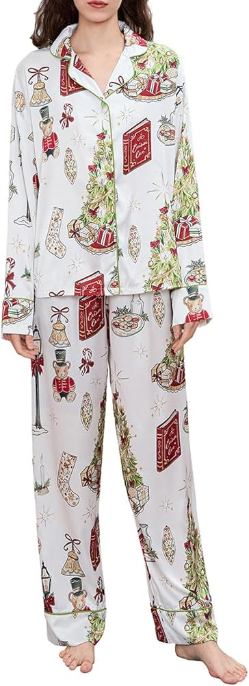 Meiweileya Women Christmas Pajamas Sets for Women Satin Silk Bow Santa Print Cute Pj Pajama Set X... | Amazon (US)
