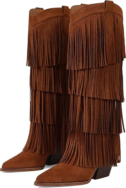 Womens Fringe Boots Knee High Cowboy Boots Chunky Heel Western Pointed Toe Slip on Wide Calf Cowg... | Amazon (US)
