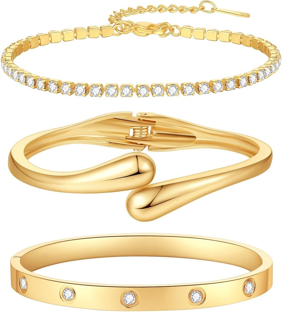 PDWZNBA 18K Gold-Plated Bracelet Set – Floral Clover, Tennis, Chunky Adjustable Twist Cuff, Cla... | Amazon (US)