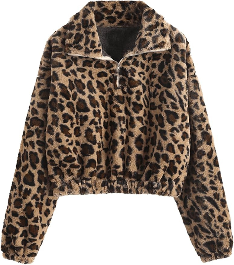 ZAFUL Women's Fashion Long Sleeve Lapel Half Zip Plain Faux Fur Sweatshirt Solid Color Crop Pullo... | Amazon (US)