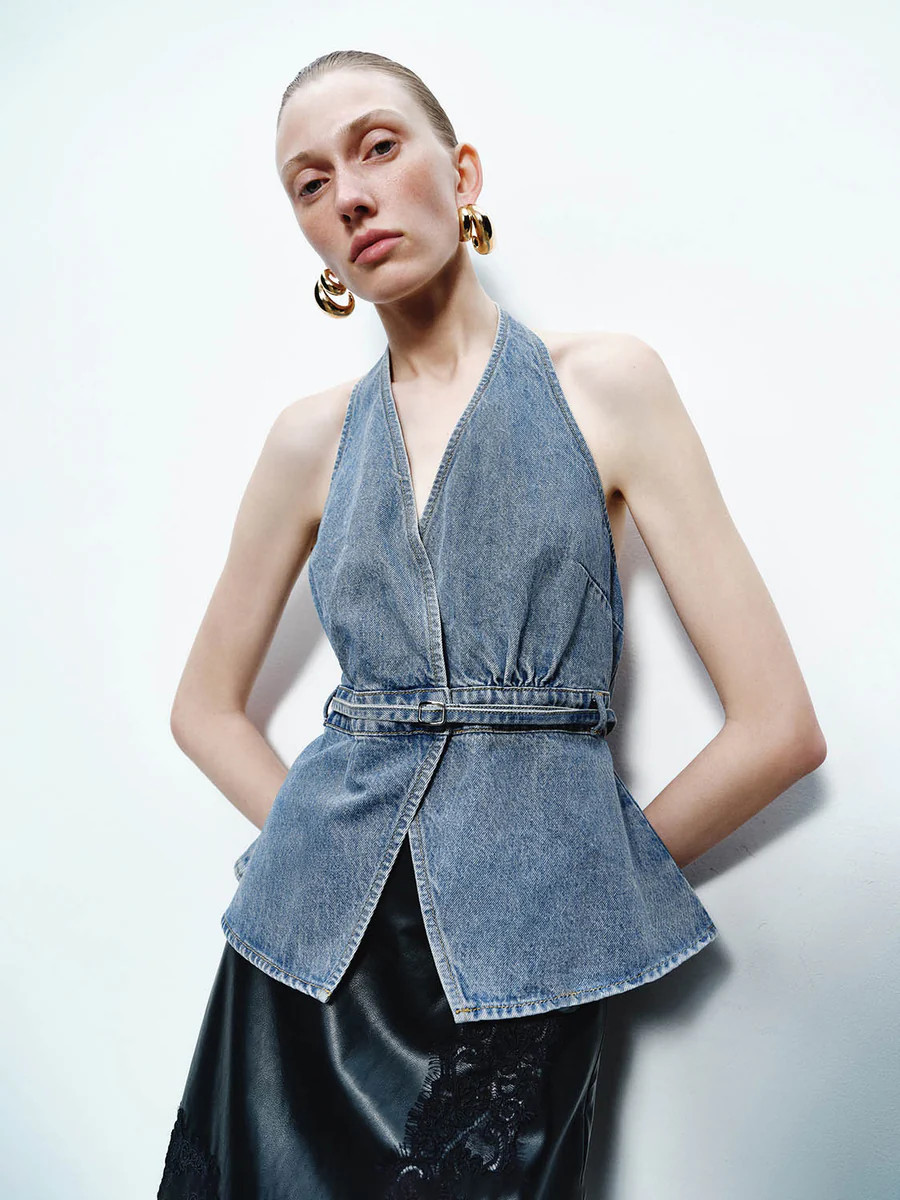 Halter Neck Denim Blouses | Urban Revivo
