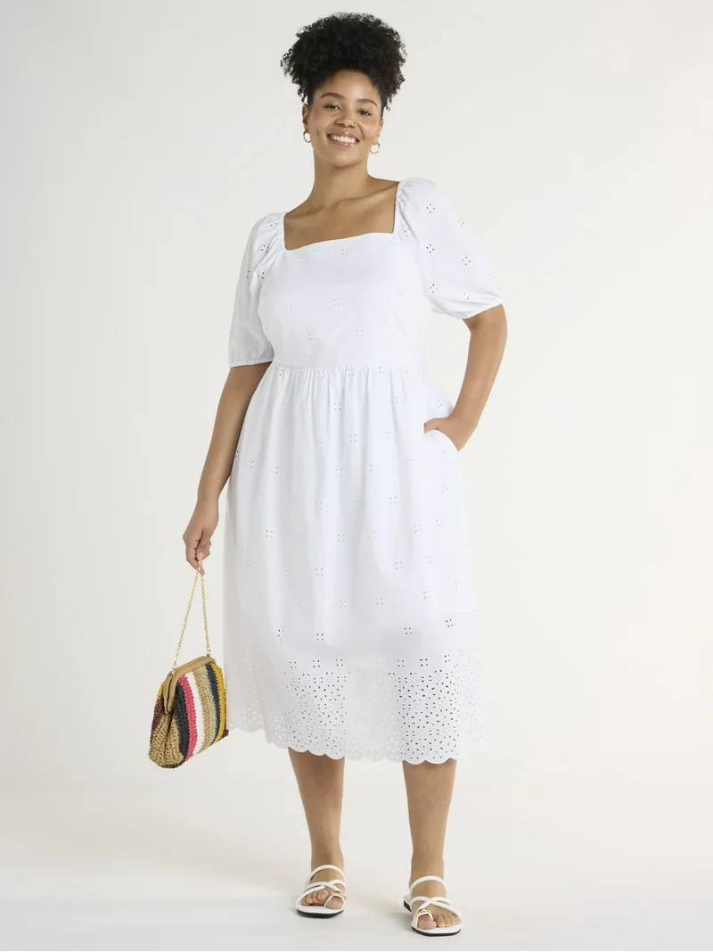 Time and Tru Women's and Women's Plus Eyelet Midi Dress, Sizes XS-4X | Walmart (US)