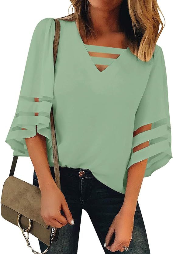 LookbookStore Women's Casual V Neck Mesh Panel Blouse Tops 3/4 Bell Sleeve Shirt | Amazon (US)