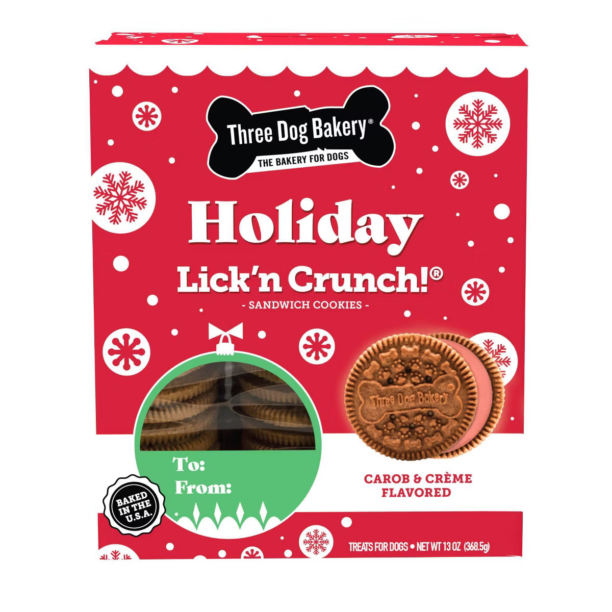Three Dog Bakery Holiday Carob with Red Creme Lick'n Crunch Cookie Dog Treats - 13oz | Target