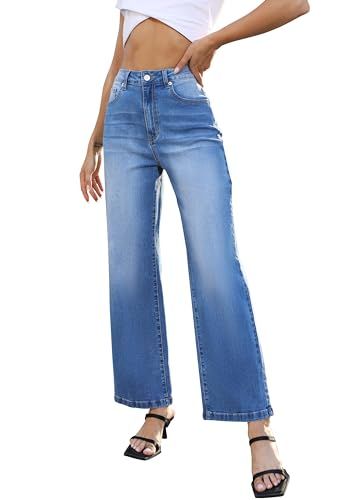 ETTELO Womens Jeans Mid Waisted Straight Leg Loose Stretchy Lightweight Tummy Control Trendy Jean... | Amazon (US)