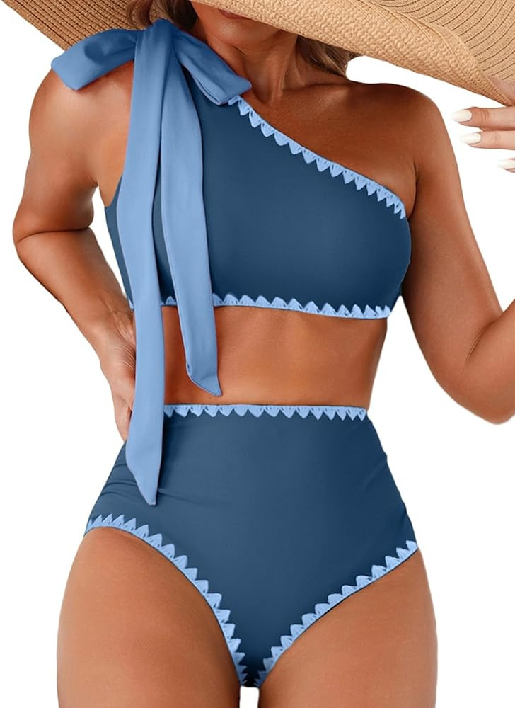 Herseas Women's One Bow Shoulder Bikini Sets 2 Piece Ruched Swimsuit Elegant Bathing Suit | Amazon (US)
