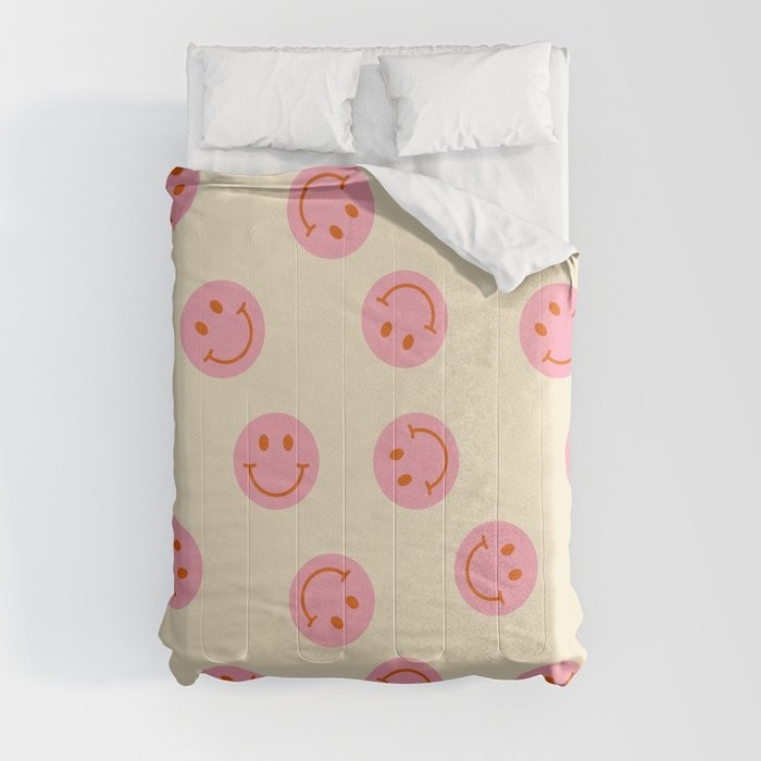 70s Retro Smiley Face Pattern in Beige & Pink Comforter | Society6