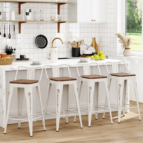 WENTMENT Bar Stools Set of 4, Industrial Style, Metal Frame, Distressed White, Wooden Seat, 24" H x 12.2" W x 15.6" D, 330 lbs Max Weight, Counter Height | Amazon (US)