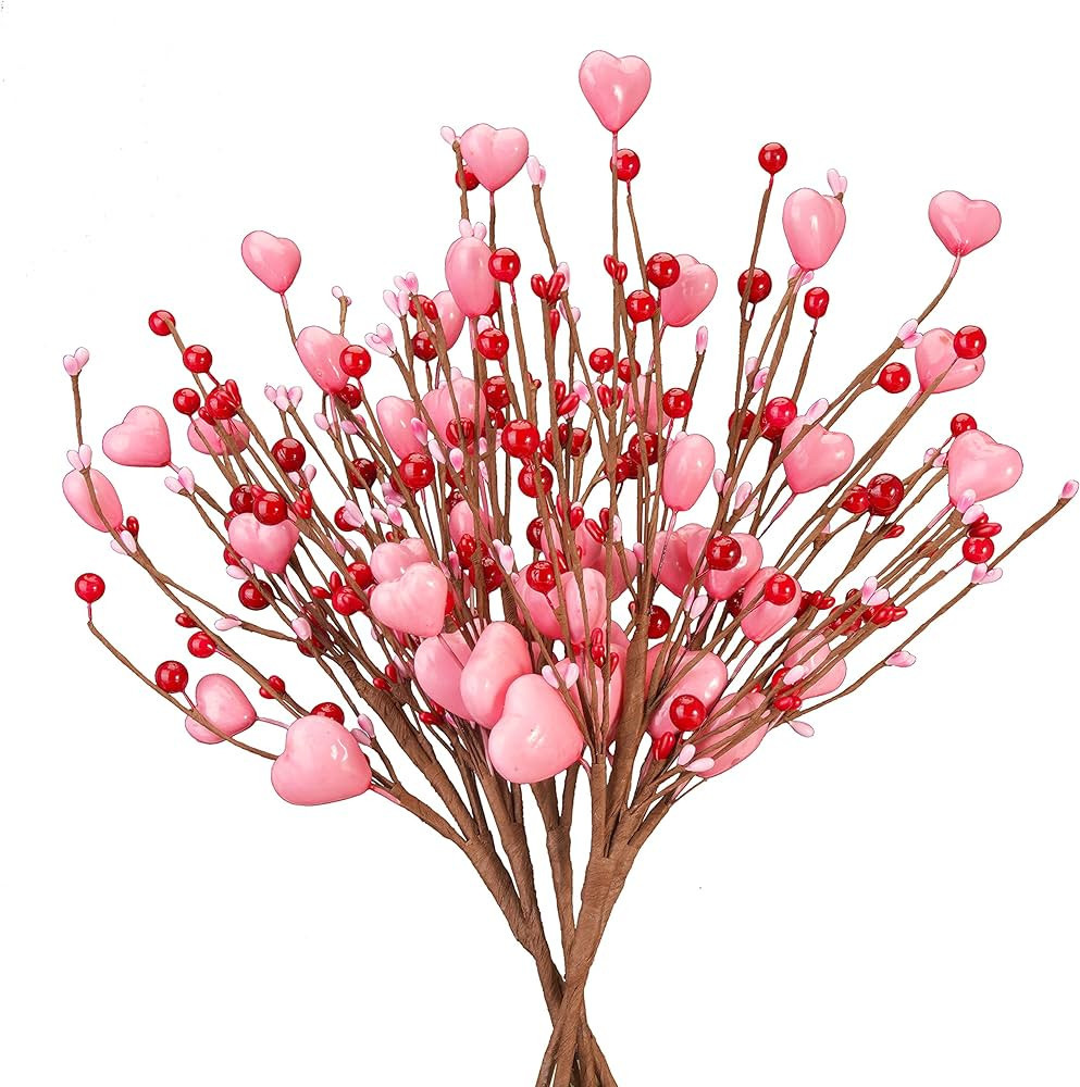 FLOERVE Valentine's Day Decor, 6 PCS Red Pink Heart and Berry Valentine's Day Picks, Artificial B... | Amazon (US)