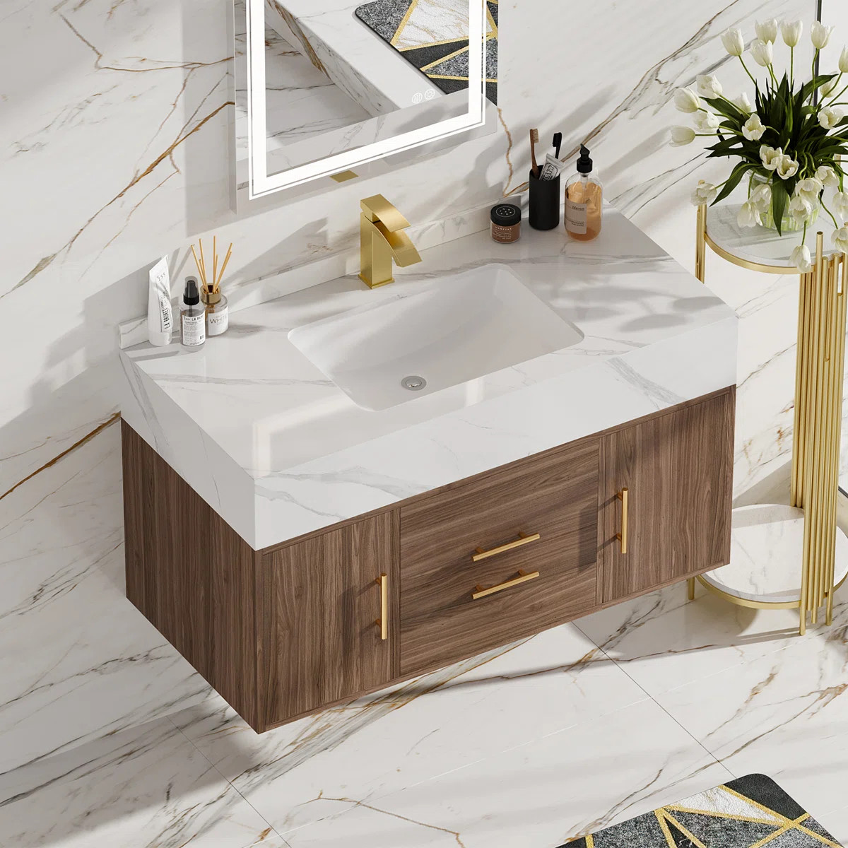 Ivanbrook Bathroom Vanity Set 39.4" Modern Floating Sintered Stone Bathroom Vanity Black with Sin... | Wayfair North America