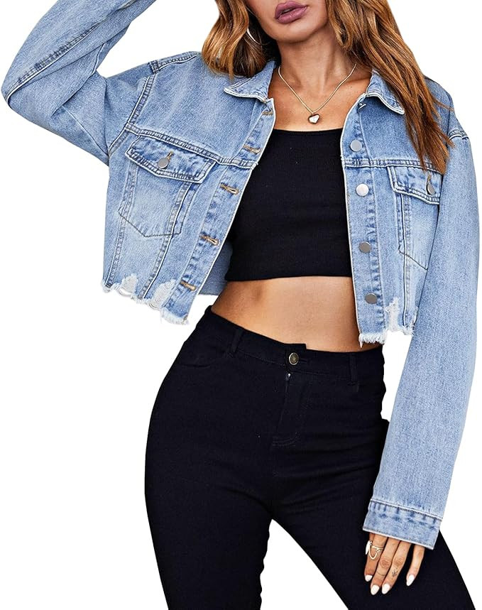 LONGBIDA Women's Jean Jacket Frayed Washed Button Up Cropped Denim Jacket With Pockets | Amazon (US)