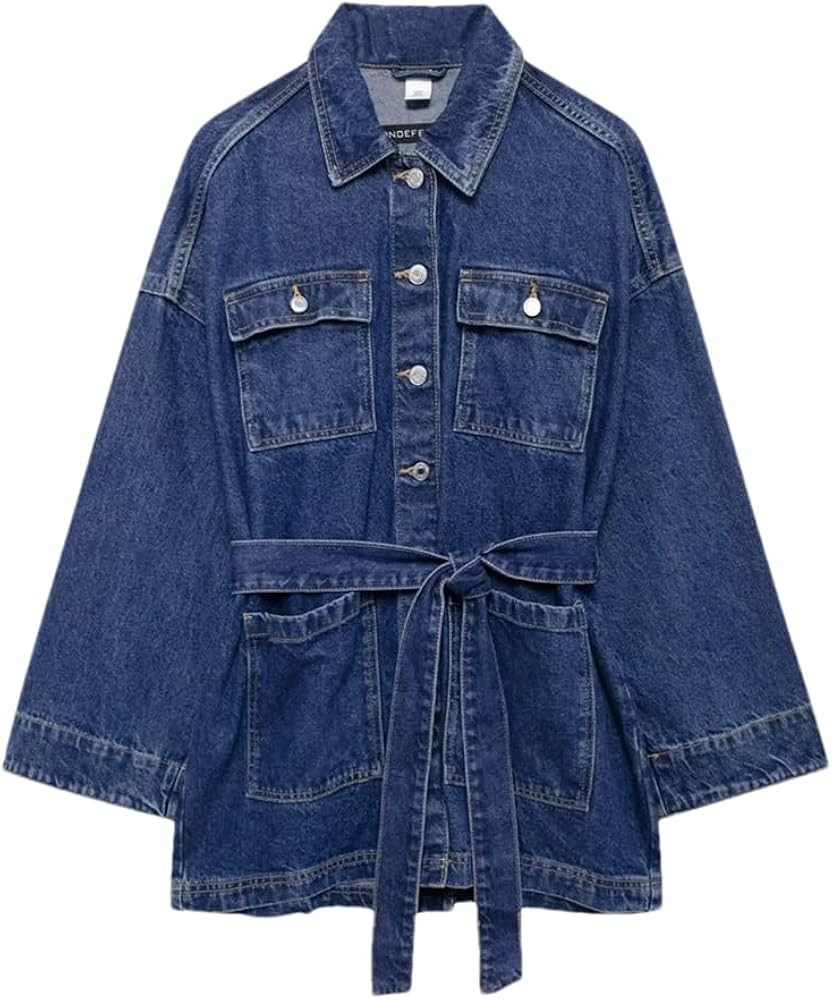 Women Vintage Denim Jacket Loose Sash Tie Up Mid Length Denim Coat Casual Solid Button Tops | Amazon (US)