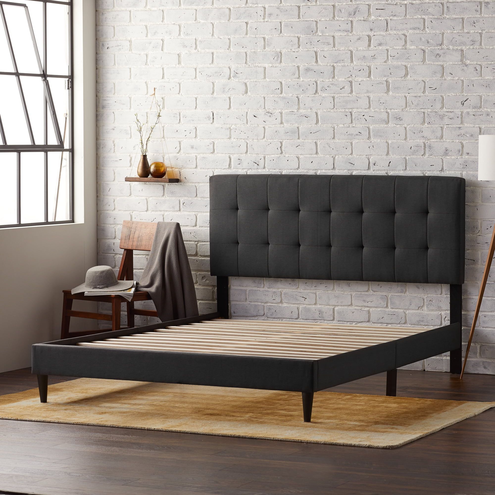 Rest Haven Upholstered Platform Bed Frame with Square Tufted Headboard, Queen, Charcoal - Walmart... | Walmart (US)