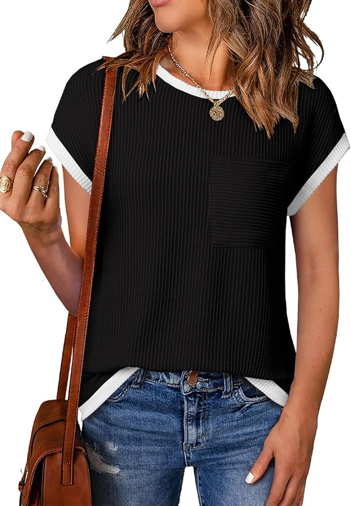 EVALESS Women's Short Sleeve T Shirts Crewneck Color Block Ribbed Knit Tee Blouses 2026 Trendy Su... | Amazon (US)